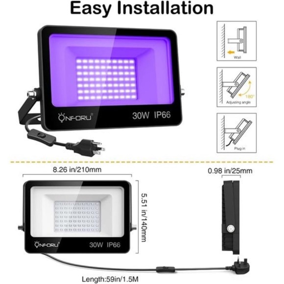 2 Pack 30W LED Black Lights, Blacklight Flood Light with Plug, IP66 Waterproof - Picture 7 of 8